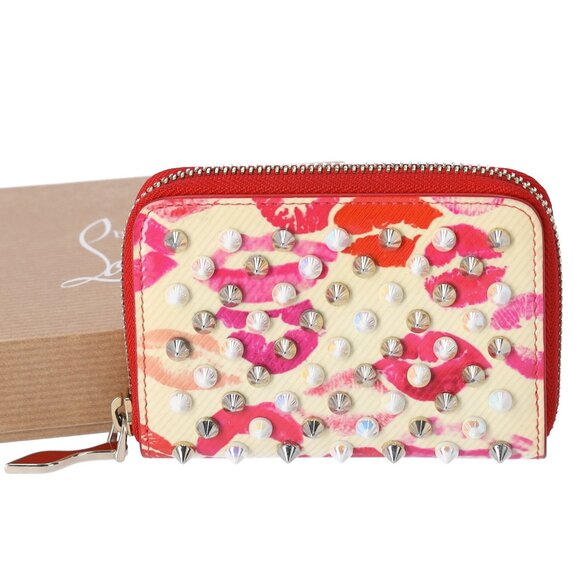Christian Louboutin Spiked Coin Case Light Yellow Red Multi Patent Leather - Picture 1 of 5